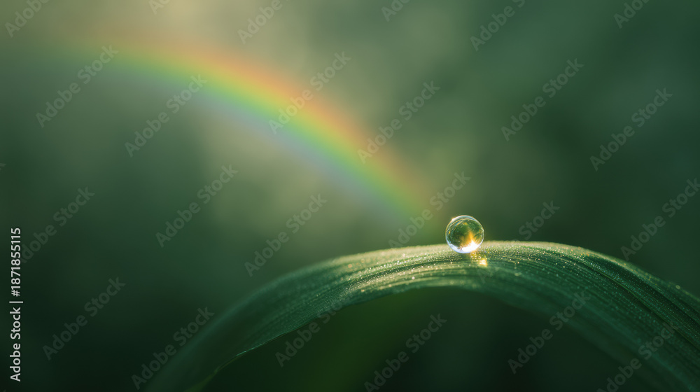 Fototapeta premium Macro shot of a single dewdrop on a vibrant green leaf with a subtle rainbow in the background for Saint Patrick day.