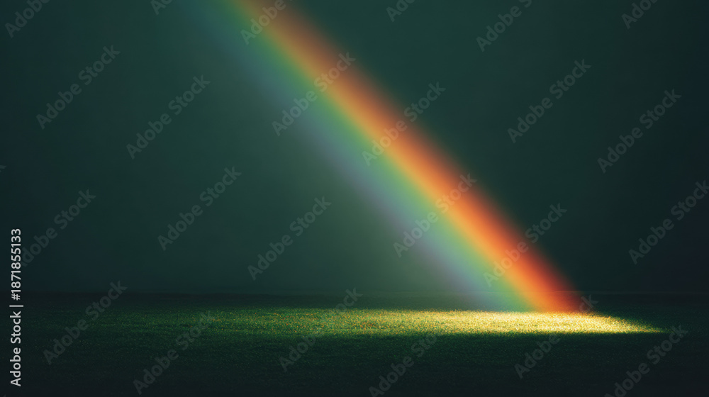 Naklejka premium Bright rainbow beam hitting dark green grass, creating an illuminated patch. Magical natural phenomenon display. St Patrick day celebration concept.