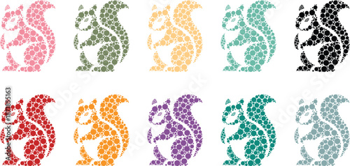 Assorted mosaic squirrel silhouettes in bright colors, Colorful dot pattern squirrel animal art