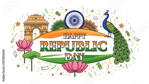 Vibrant indian republic day celebration graphic with peacock lotus and landmark with lotus flower and Indian culture and festival and national holiday