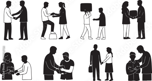 Silhouette illustrations of people interacting and shaking hands together