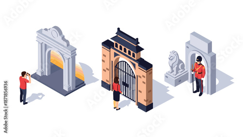 Isometric landmark gates with tourists and guard