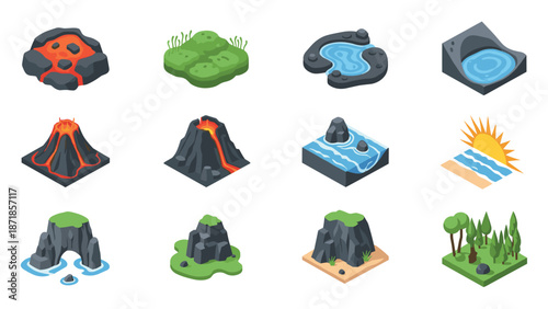 Isometric natural elements: diverse landscapes and geological features