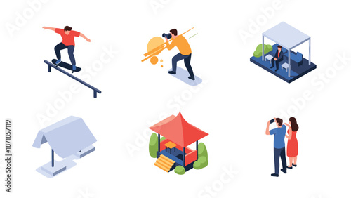Isometric urban scenes: skateboarding, photography, business meetings, homes, and couples exploring