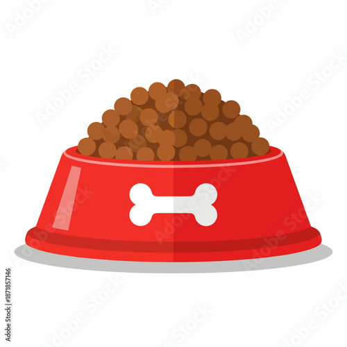 A bright red dog bowl adorned with a white bone icon is piled high with a generous mound of brown kibble, illustrated in a clean and colorful vector style