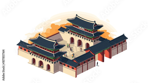 Traditional korean architecture in isometric design featuring historic palace gates