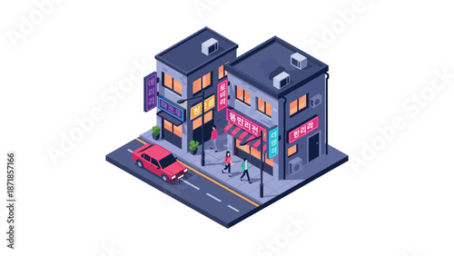 Isometric urban night scene with neon signs and modern architecture