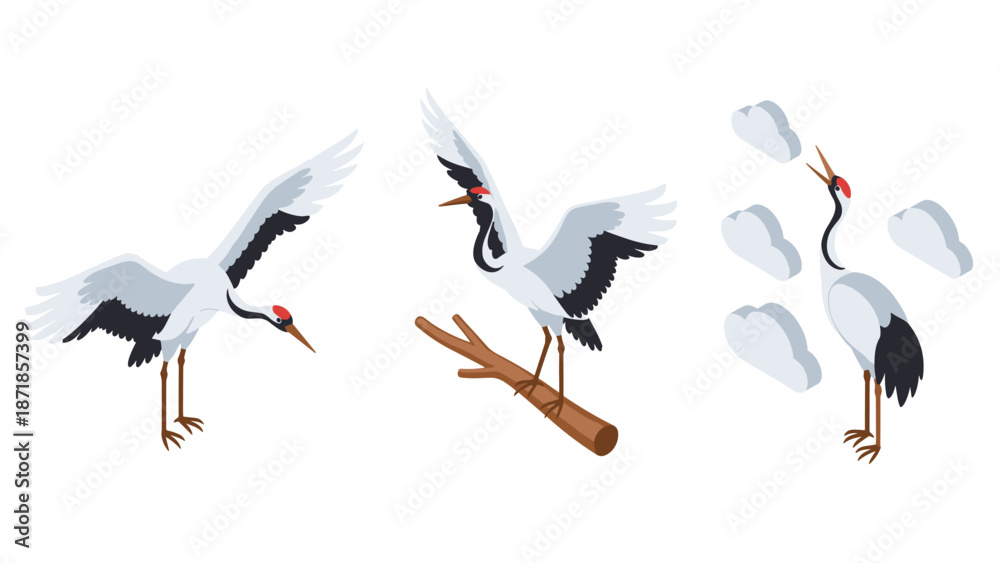 Fototapeta premium Elegant crane birds in various poses with minimalist design