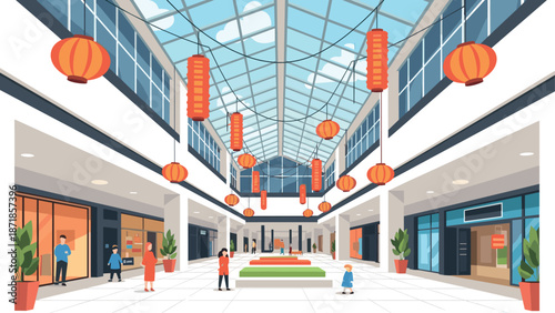 Shopping mall atrium with lanterns and skylight ceiling in modern flat design