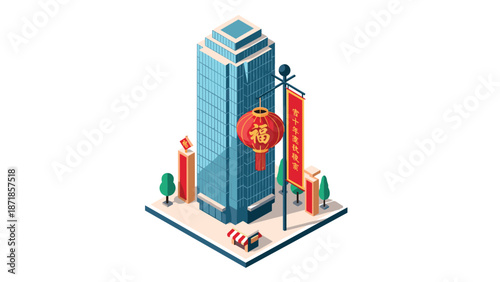 Modern isometric skyscraper with chinese lanterns and banners celebrating culture