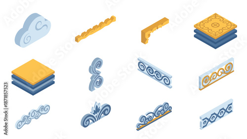 Isometric decorative cloud and border elements collection