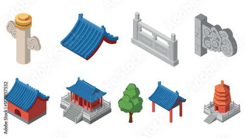Isometric traditional asian architecture elements collection