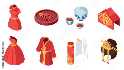 Traditional chinese festive elements in isometric style depicting ceremonial attire and decor