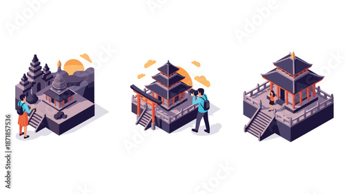 Isometric travel icons with asian landmarks and tourists in modern style