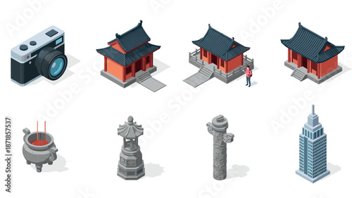 Isometric asian architecture and icons with camera and empire state building