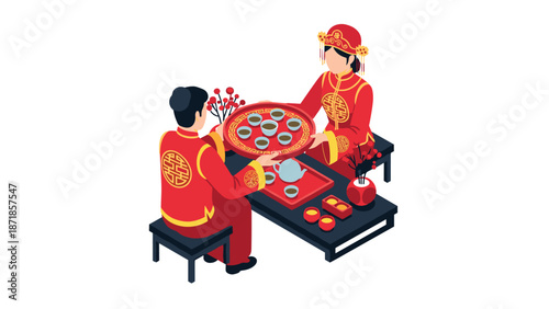 Traditional chinese tea ceremony with couple in festive attire