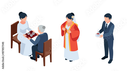 Traditional wedding tea ceremony with bride, groom, and family in isometric style