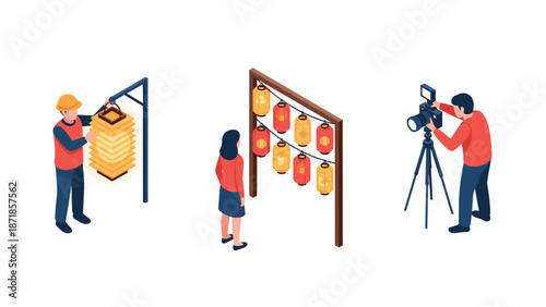 Isometric scene of lantern preparation and photography during festival celebration