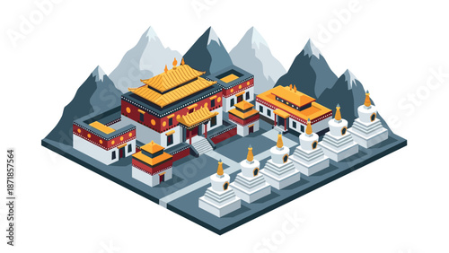 Isometric buddhist temple in mountains with traditional stupas