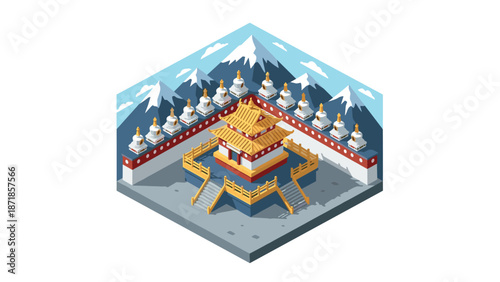 Isometric buddhist temple amidst snowy mountains in a hexagon design