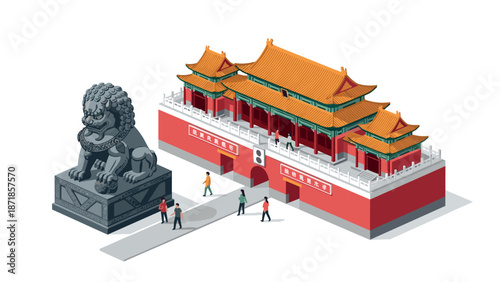 Isometric forbidden city entrance with traditional chinese architecture and lion statue