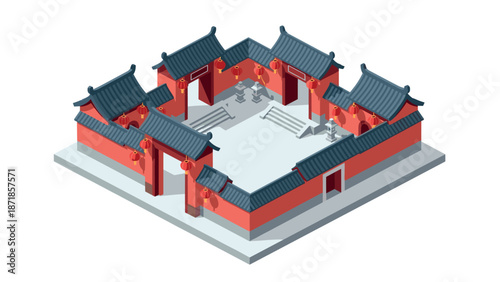 Traditional chinese temple isometric design with lanterns and red walls