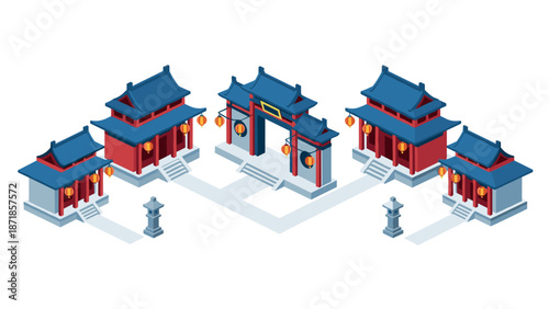 Traditional asian temple with red and blue isometric architecture