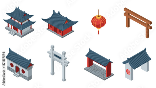 Traditional asian architecture icons with japanese gate and chinese lantern in isometric style