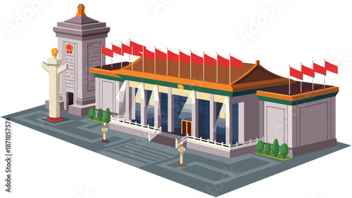 Traditional chinese architecture with flags and monument in isometric view