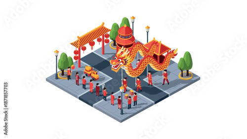 Isometric dragon dance parade on festive street with lanterns and performers