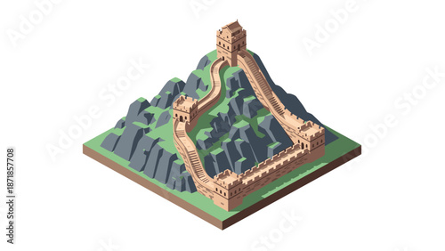 Isometric great wall of china on mountainous terrain with minimalist design