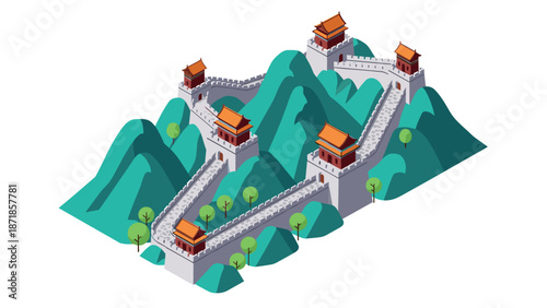 Isometric great wall of china with scenic mountains and watchtowers