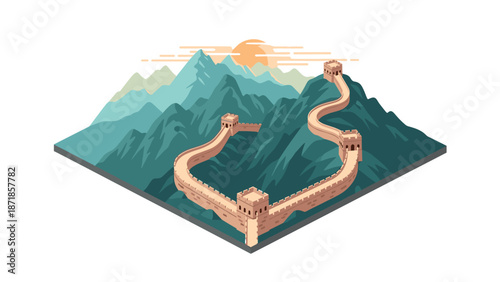 Isometric great wall with mountains at sunrise in flat design