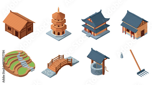 Traditional asian architecture and ancient structures in isometric style for cultural designs