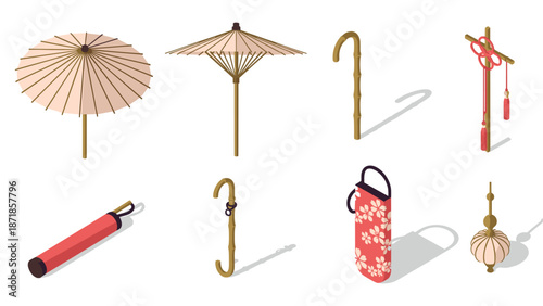 Traditional bamboo objects and asian inspired designs in isometric style
