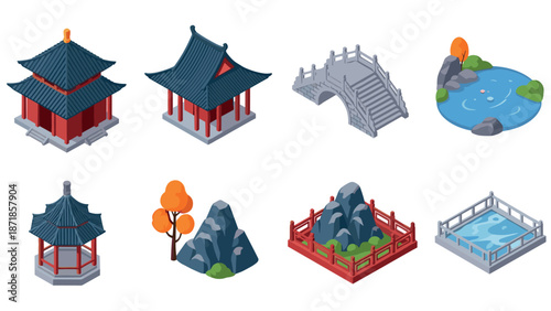 Isometric traditional japanese architecture and landscapes with pagodas and gardens