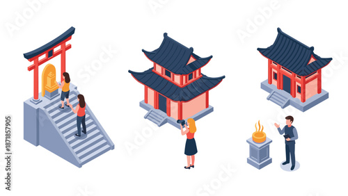 Isometric traditional asian architecture with tourists exploring temples and cultural landmarks