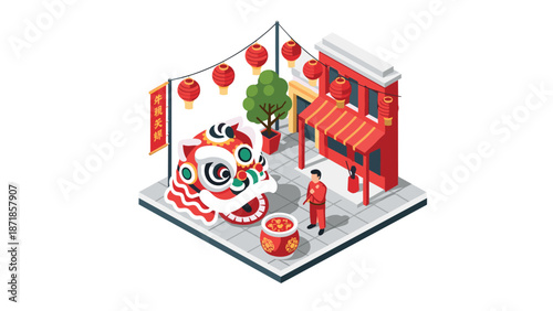 Isometric chinese new year street celebration with lion dance and lanterns