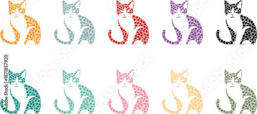 Colorful dot art cats in two rows, Mosaic feline arrangement in bright hues