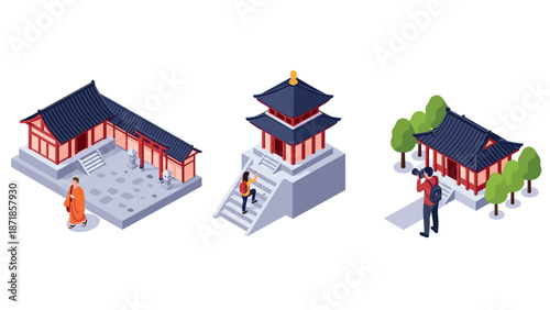 Isometric traditional japanese temples with visitors and trees