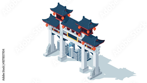 Isometric chinese gate with urban skyline: architectural heritage meets modern cityscape