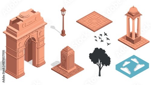 Isometric monuments collection featuring iconic structures and elements in terra cotta theme