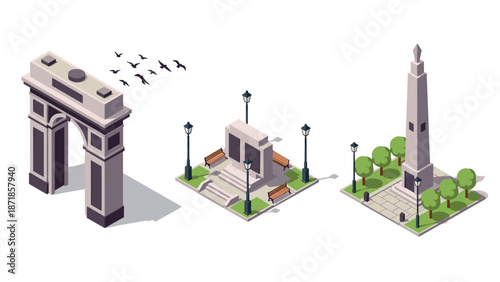 Isometric landmarks: urban monuments and public spaces