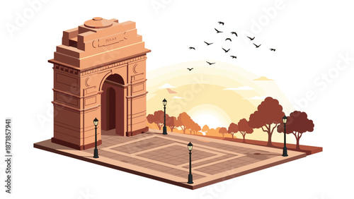 Isometric urban landmark with sunrise and flying birds