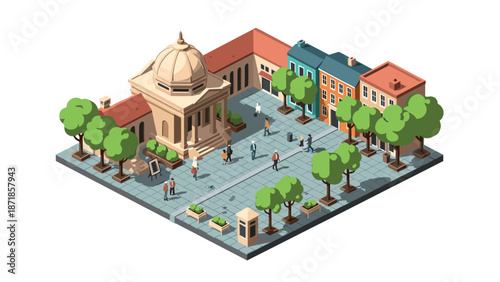 Isometric town square with dome building and trees in urban setting