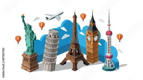 Iconic global landmarks in isometric style with hot air balloons