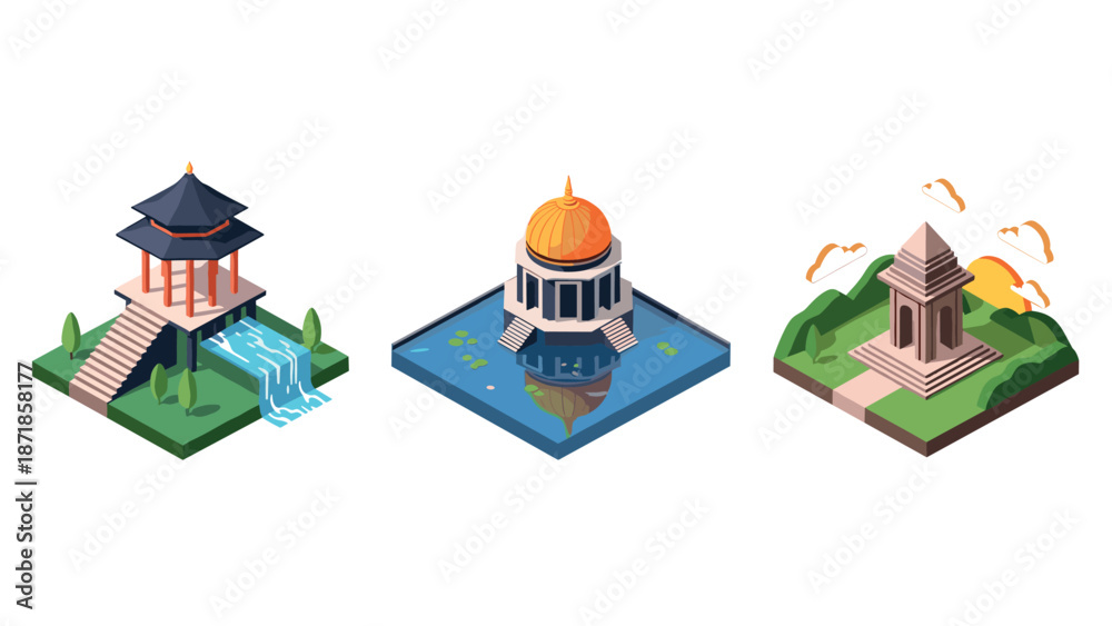 Fototapeta premium Colorful isometric asian temples with waterfall and sunset elements