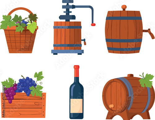 Set of winemaking equipment and grapes, flat vector illustration of wine barrels red wine bottle baskets of grapes and traditional manual grape press