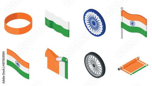 Isometric icons of indian flag elements and wheel in national colors
