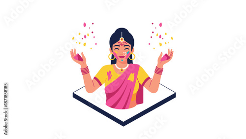 Colorful flat design: woman celebrating indian festival with joyful expression